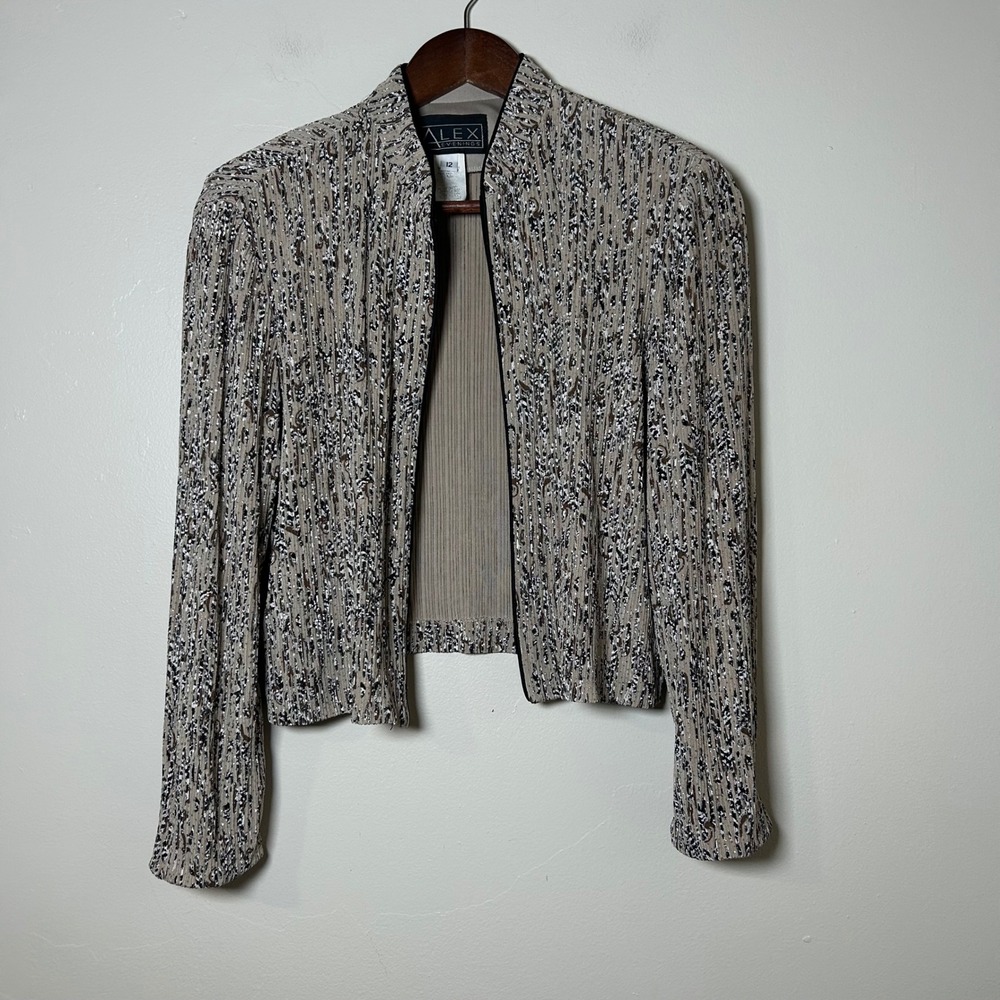 EUC‎ Alex Evenings Jacket Pleated Metallic Size 12 Taupe Gold Shimmer Formal